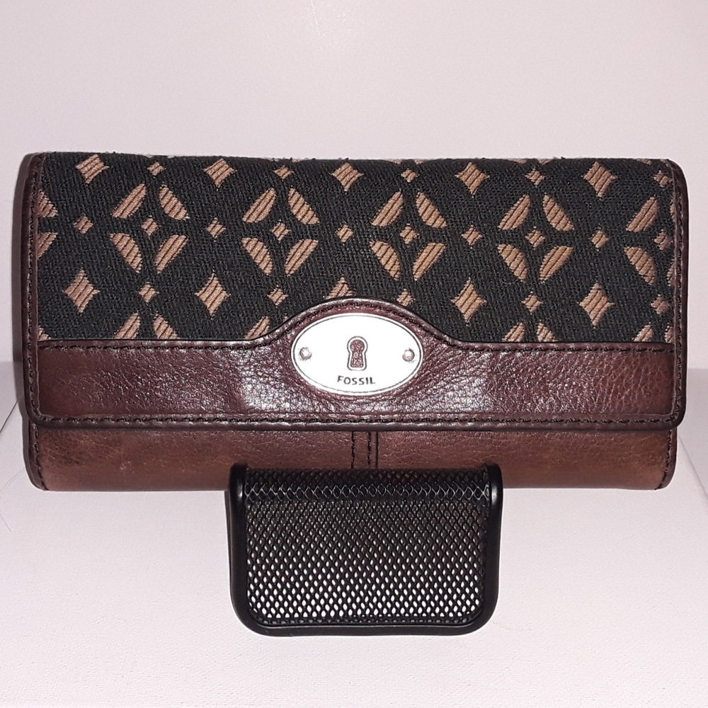 Fossil Leather & Canvas Trifold Wallet - Euc - image 1